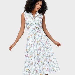 Eshakti Notch Collar Bicycle Print Cotton Poplin Shirtdress